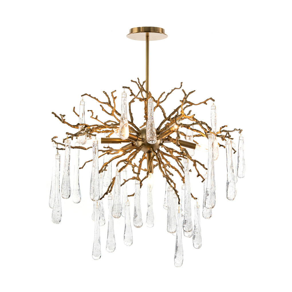 BRASS AND GLASS TEARDROP SEVEN-LIGHT CHANDELIER BRASS AND GLASS TEARDROP SEVEN-LIGHT CHANDELIER
