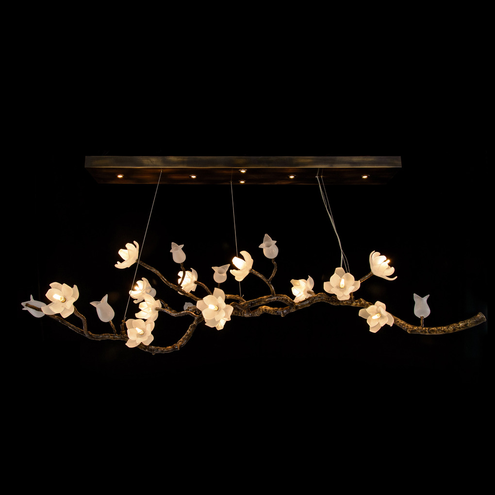 CHURIPPU MAGNOLIA & TULIP GLASS BRONZE OBLONG NINETEEN-LIGHT CHANDELIER CHURIPPU MAGNOLIA & TULIP GLASS BRONZE OBLONG NINETEEN-LIGHT CHANDELIER